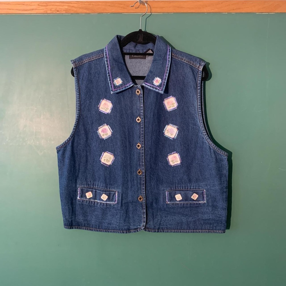 Bass Vintage 90s Denim Vest Blue Floral Patch Button Front XL